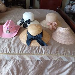 New Sun Hats White With Black& White bow, Beige  with silk bow, beige With Black Bow.  Large Sun Visor All $10. Ea . Pink Cowgirl Hat WITH JEWELS $15.