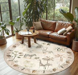jinchan Round Rug 6ft Beige Jungle Animals Print, Machine Washable 6' Circle Modern Soft Non-Slip Forest Plant Throw Area Rug, Low Pile Carpet for Liv