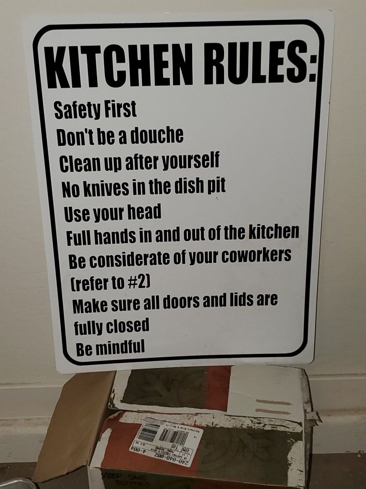 Custom kitchen rules sign. (8inch knife in photo for scale, not sale)