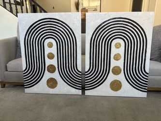Modern canvas art, textured white, black, and gold abstract design. Each print is 30x40 inches