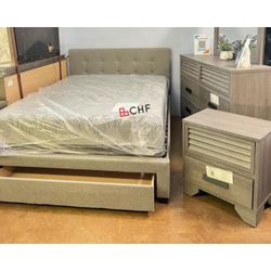 gray queen / full  bed frame with storage drawer 