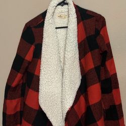 Hollister Sherpa Plaid Tassel Long Sleeve Cardigan Jacket Red Black Women’s S