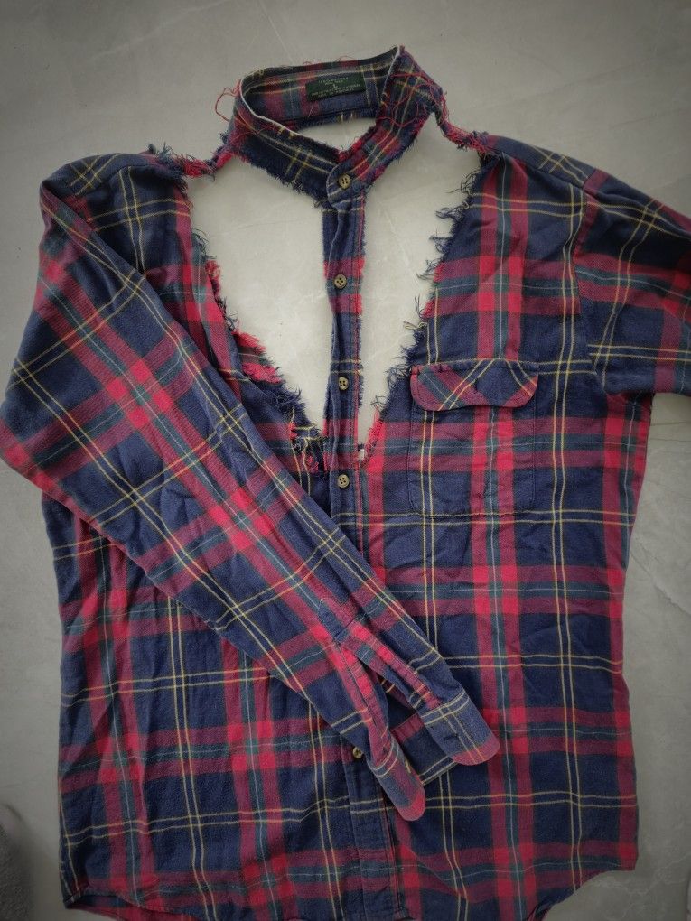 Ripped  vintage t shirt Furst of a kind unique handmade vintage plaid cropped jacket top with Raw Edge Plaid Button Down LONG SLEEVE Shirt . 
