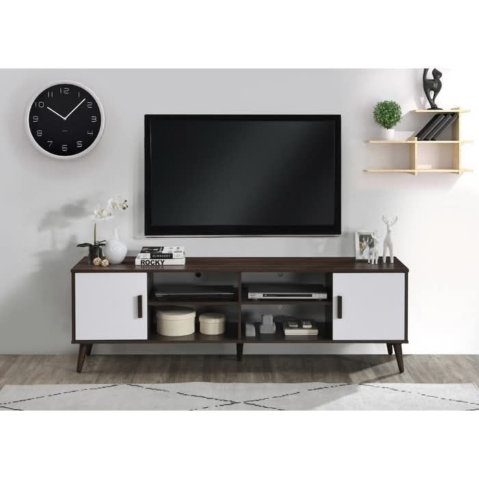 71" L Dark Walnut & White TV Stand with Shelves and Cabinets