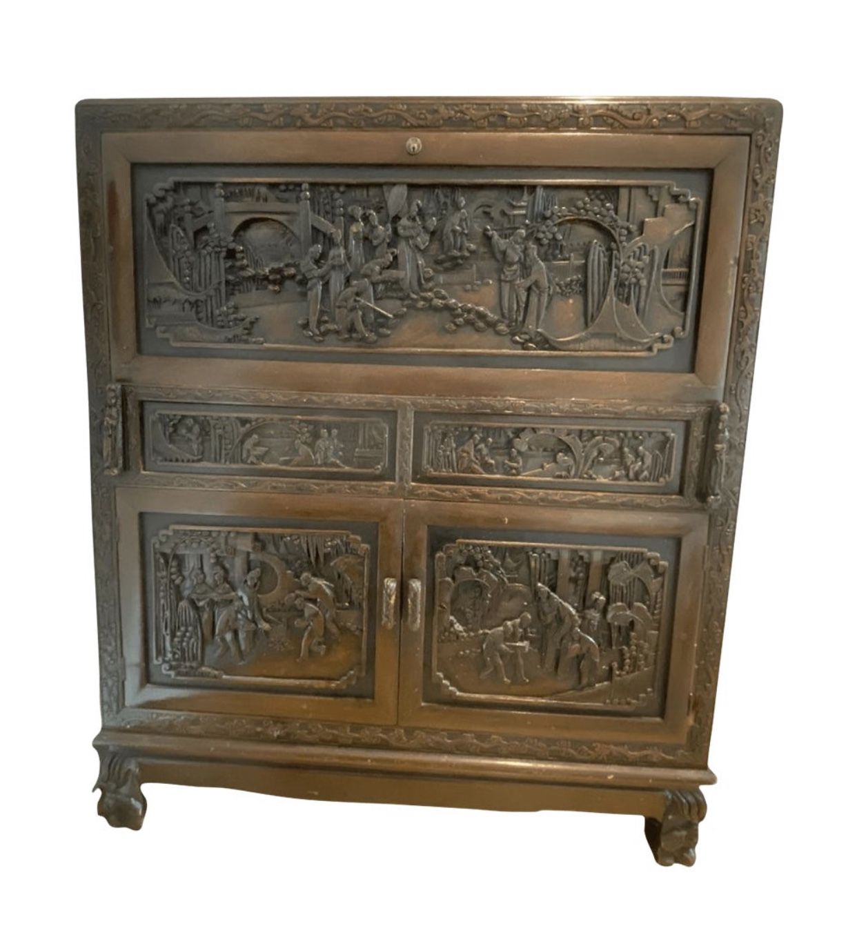 1930s Vintage Asian Hand Carved Wood Cabinet with Secretary Desk