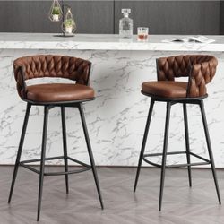 Modern Bar Stools Set of 2, 30" Bar Height Barstools, 180° Swivel Suede Fabric Stool Chairs with Woven Back and Footrest for Kitchen Island, Cafe, Pub