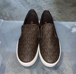 Michael Kors Women’s Brown Monogram Slip-On Sneakers with White Sole