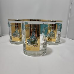 Libbey Southern Comfort Riverboat Rocks Glass Turquoise Gold Lot Of 3 (RB) MCM