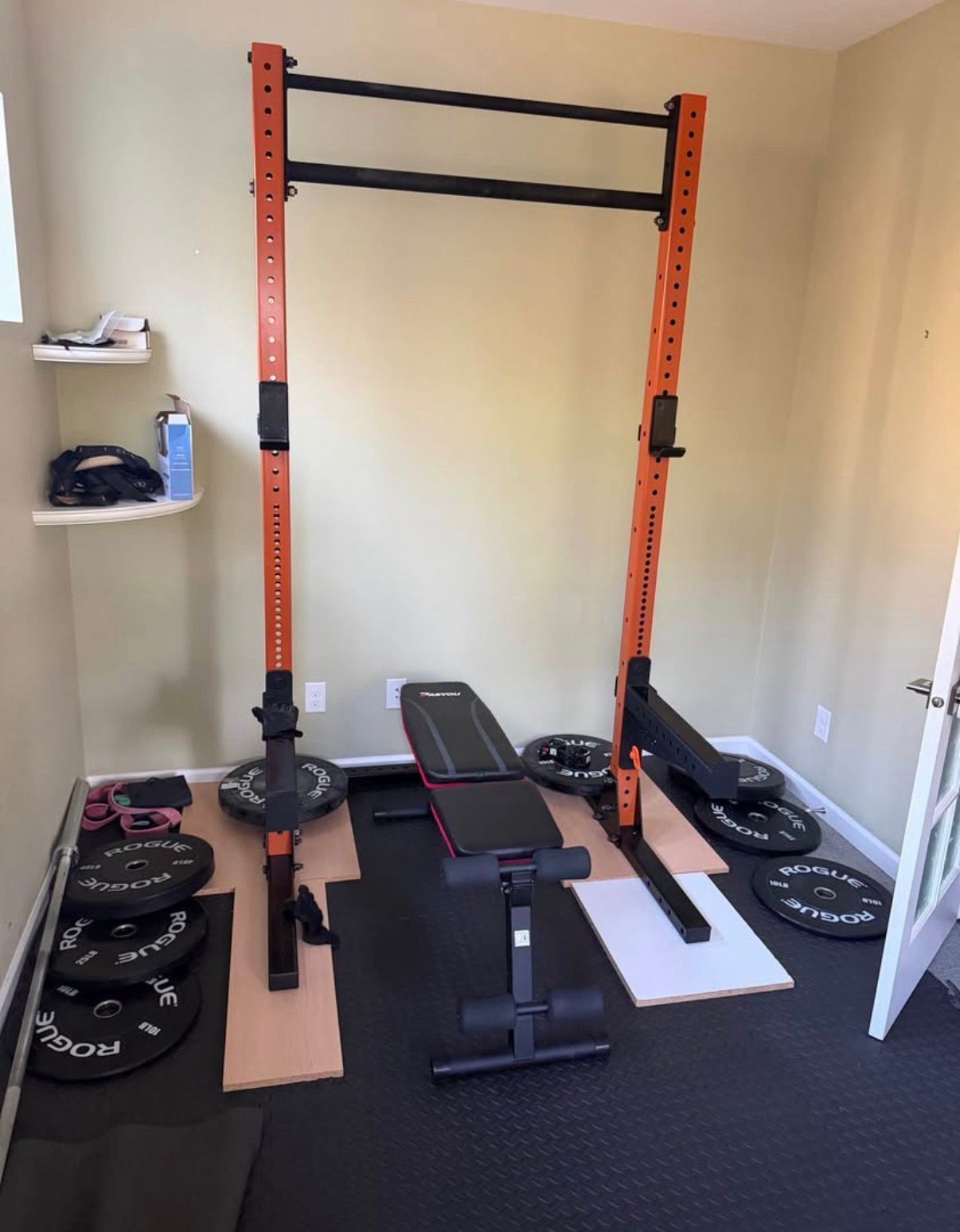 Rogue Squat Rack with Barbell, Bumper Set and Attachments