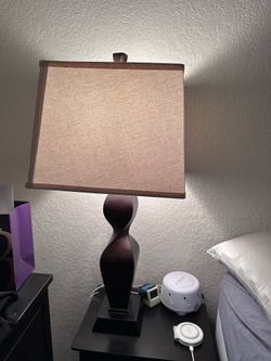 Modern Table Lamp with Linen Shade | Dark Wood Bedside & Living Room Lamp