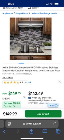 AKDY 30 inch Convertible 58-CFM Brushed Stainless Steel Under Cabinet Range Hood with Charcoal Filter