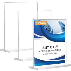 3 Pack Acrylic Sign Holder 8.5 x 11, Double-Sided Clear Sign Holder Plastic Stands for Display, T Shape Acrylic Table Sign Stands 