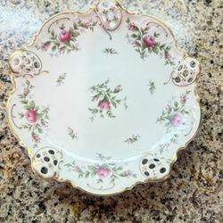 Vintage Rosenthal porcelain pierced dish in the "Moss Rose" pattern, likely from the Continental Moliere or Pompadour collection, crafted in Germany. 