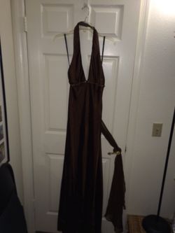 Chocolate satin backless evening gown