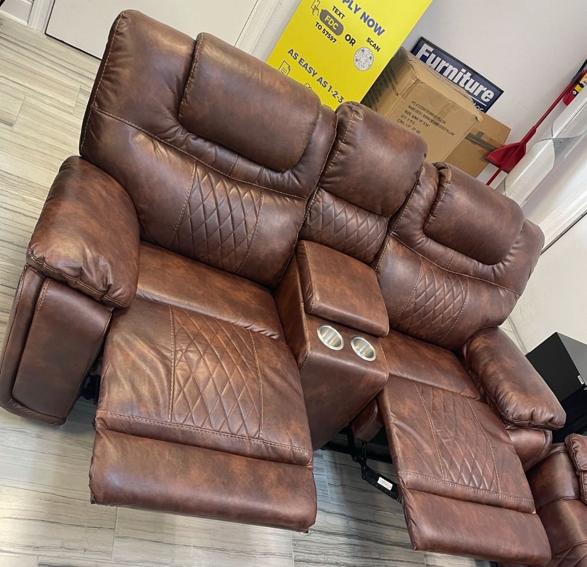 Fourth of July sale. Santiago Brown, leather reclining sofa and loveseat set now $1199. Easy finance option. Same day delivery.