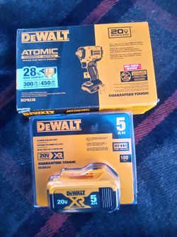DeWalt Atomic 20V 3/8" compact impact wrench w/ hog ring anvil,
 + DeWalt 20V XR 5AH  Battery 
Both NEW in package/Box! &
Factory Sealed!
