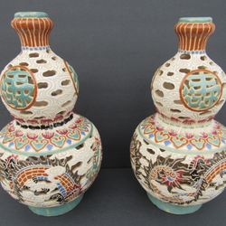 Asian Dragons Ceramic Stoneware Double Gourd Lamp Stands Pair 15" Tall
