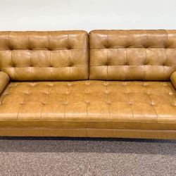 Mid-Century Modern Tan Leather Couch / Sofa with Bolster Pillows