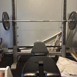Adjustable Weight Bench, Squat Rack, And Weights