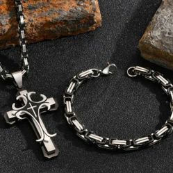 3-Pcs Uniquely Crafted Multi-layer 2-Tone Titanium Black & Silver Cross Pendant ✝️ W/24"Byzantine Necklace & Bracelet