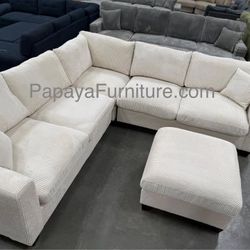 NEW Modern Sectional Sofa and Ottoman Set Ivory White Cream Beige Apartment IKEA Style Couch Small Living room Corner Space Saving BIG SALE Designer