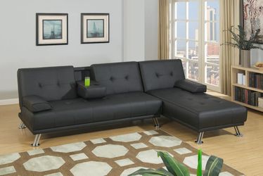 FREE DELIVERY $50 DOWN Black leather adjustable sofa & chaise futon