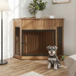 44.6'' Corner MDF Dog Crate Furniture for Small/Medium Dogs, Decorative Dog Kennel End Table with Fluted Drawer Storage, Modern Space-Saving Dog Cage 