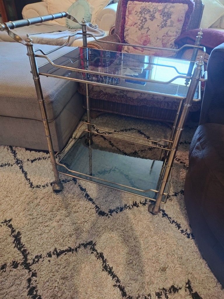 Gold N Brass Bamboo Bar Cart With Tented Black Glass 2 Shelves On Wheels