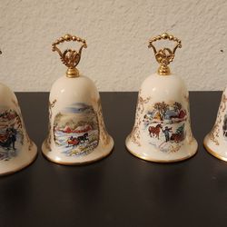 Currier & Ives Gorham Christmas Bell Noel Lot of 4 Winter Scene Vintage Horse