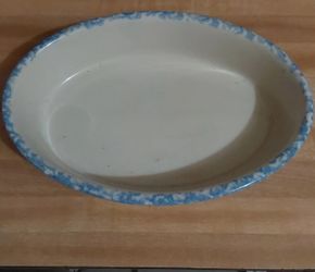 ,Roseville Blue Spongeware 9" oval serving bowl
