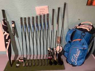 Complete LH lefty Titleist TSR2/TSi2/T300 golf set w/ 14-way cart bag & umbrella