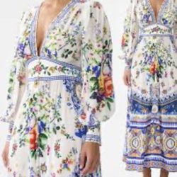 Printed V-neck Long-sleeved Bubble Sleeve Waist