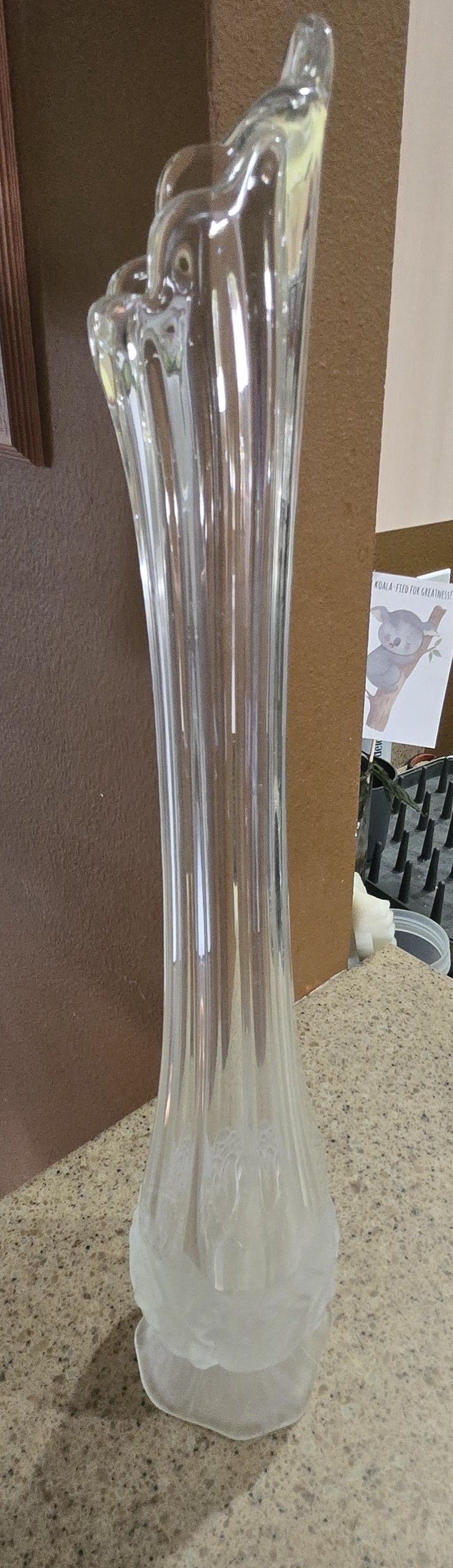 vintage Ivima of Portugal clear glass swung stretch vase with a frosted rose or tulip pattern base.