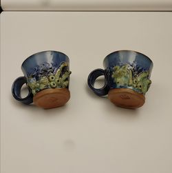 2 Unique Handmade Studio Pottery Ceramic Coffee Tea Mug Cup Beach Coastal Signed