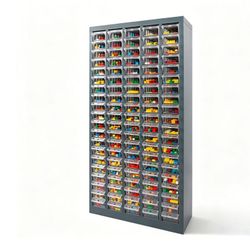 New but has dent on the bottom please check last picture 100 Bin Drawer Storage Cabinet, Clear Bins, 23.3"W x 8.5"D x 45"H, Visible Organizer for Nuts