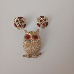 Red Rhinestone Crystal.Owl Pin Brooch Clip Earrings
