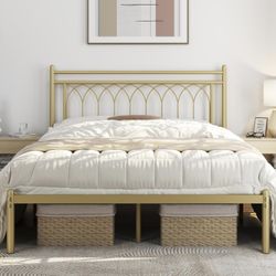 Full Bed Frame, Metal Platform Bed with Modern Style Petal Accented Headboard, Mattress Foundation with Spacious Underbed Storage,No Box Spring Neede