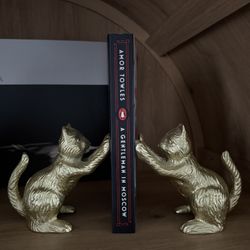  Lucky Cat Decorative Bookend, Heavy Duty Cast Iron, Vintage Shelf/Garden Decor, Gold