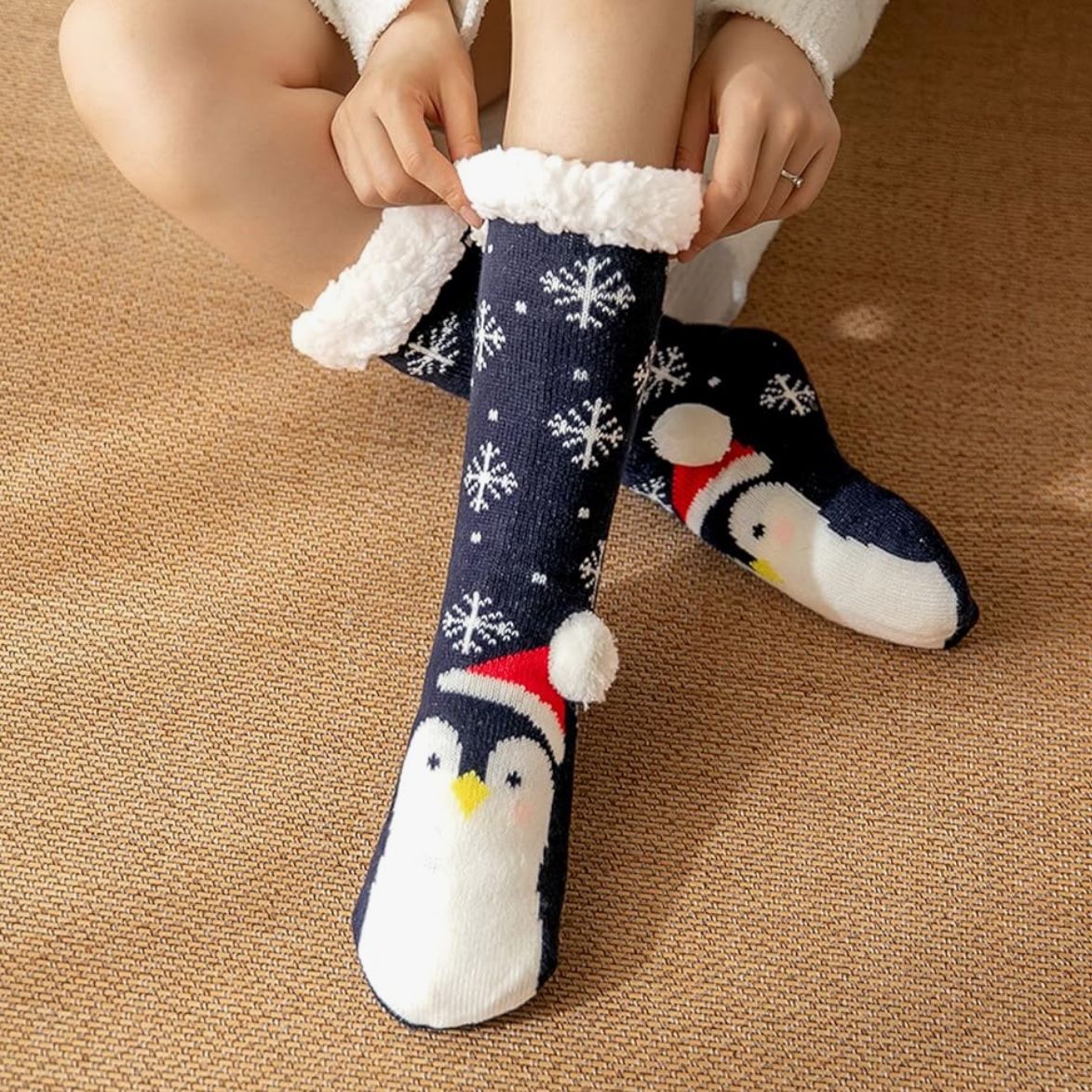 Warm Sherpa Lined Slipper Socks: Non-Slip Thermal House Socks, Christmas Gift