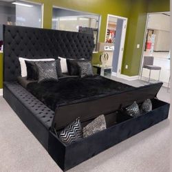  Modern Black Velvet Queen Bed With Storage 🤩brand New💯 Color Options 🌈