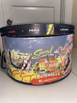 Vintage Multicolored Mid Century Modern French Round Hat Box Scenes of Paris damaged