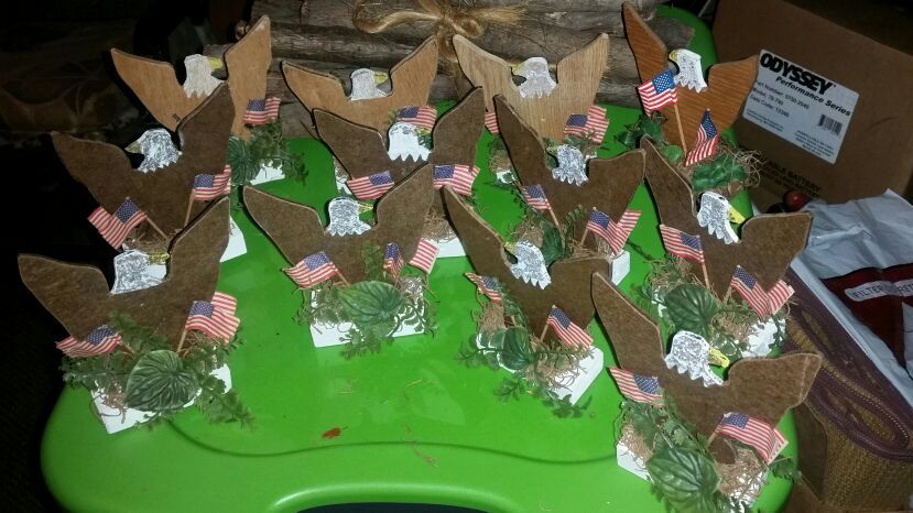 12 handmade table centerpieces and 1 huge eagle piece...