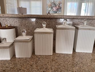 White Ceramic Canister Set with Crystal Knobs