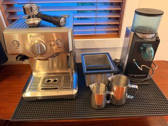 Breville Duo-Temp espresso machine + Rancilio Rocky grinder + all accessories