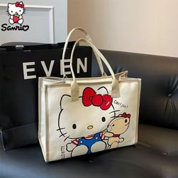 Sanrio Cream Hello Kitty and Tiny Chum Friend Canvas Tote Bag Handbag. Comes With Plush Charm Keychain- Mother's Day Gift 💐🎀✨️