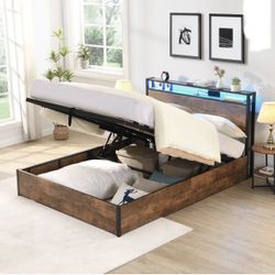 Lift-up Storage Bed Frame, Full Size Bed Frame with Bookcase Headboard & LED Lights, Wooden Platform Bed Frame with Charging Station, New In Box 