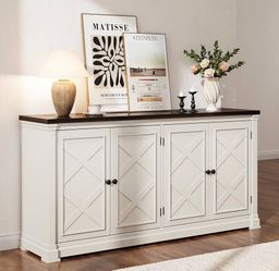 63 Inch Buffet Cabinet with Storage, 4 Barn Doors, Off White Large Sideboard Cabinet with Adjustable Shelves, Wood Coffee Bar Station for Kitchen, Liv