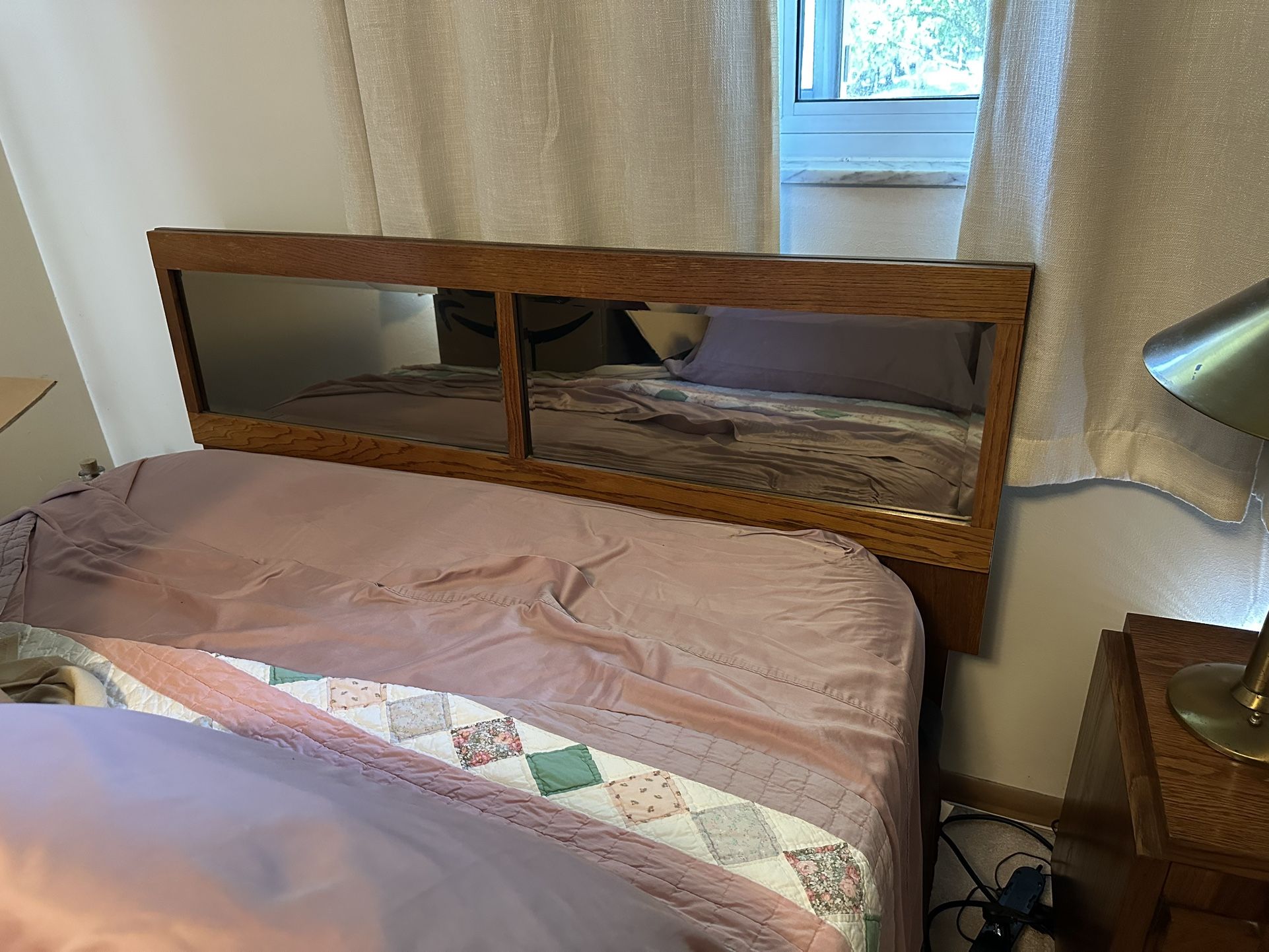 Lane Staccato Brutalist Mid Century Oak and Mirror Queen Headboard