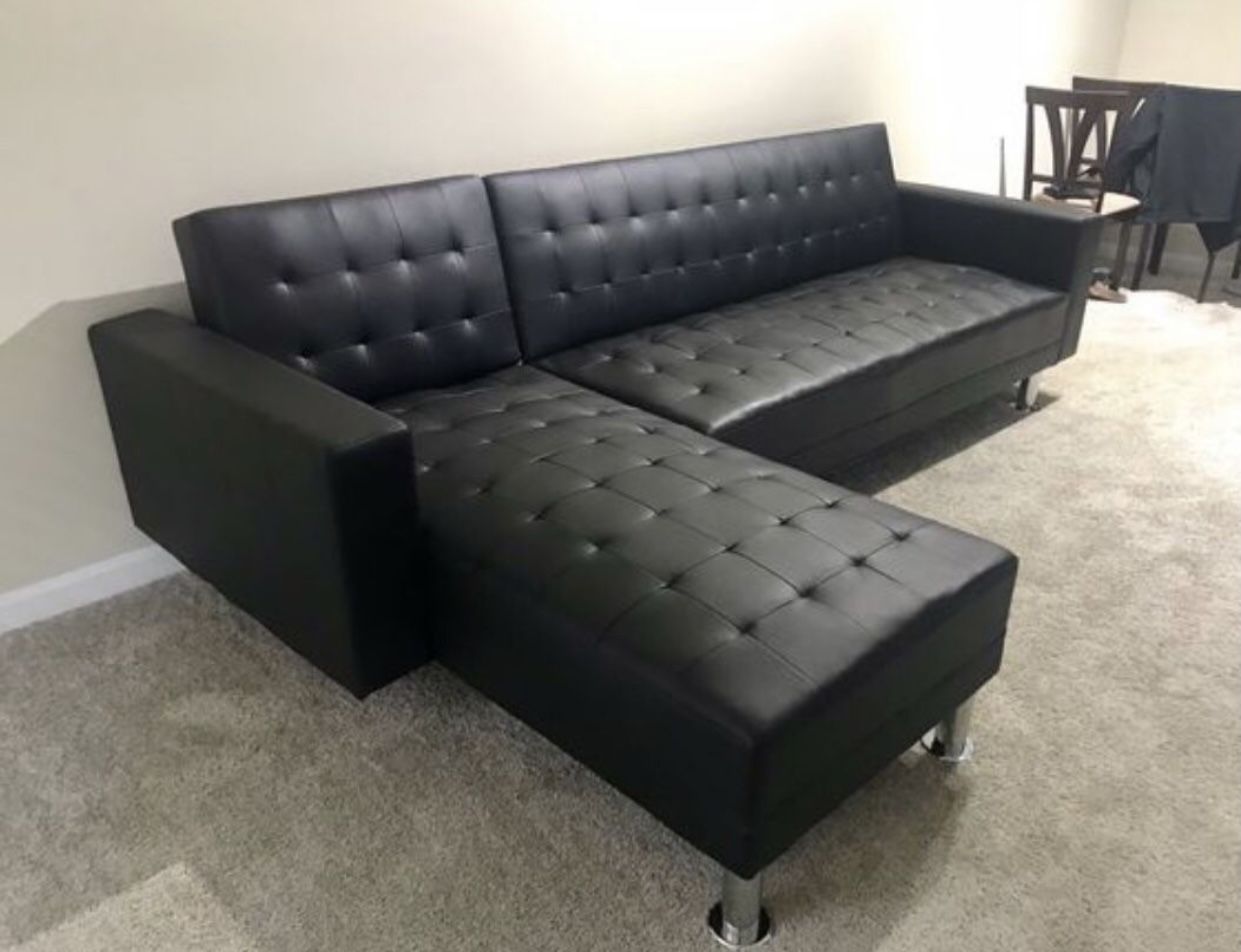 New Black Leather Futon Sectional Sofa Bed Reversible Chaise