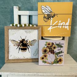 Beautiful bee decor great for tier trays 3 signs BEE Kind boho bee gnome